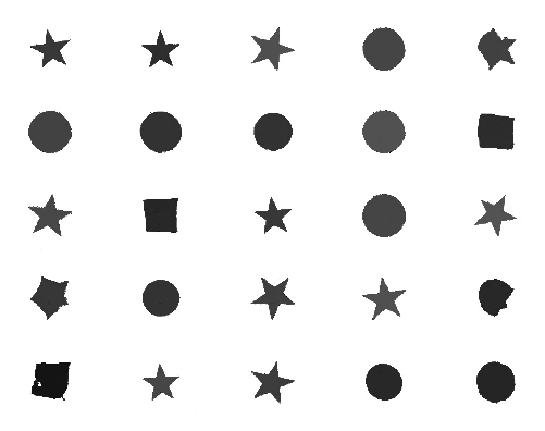 Samples of circles, squares, stars, and triangles generated by a Bayesian GAN